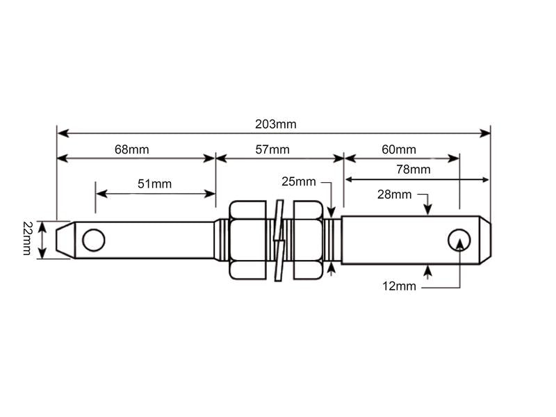 S.205 - Lower link implement pin dual 22 - 28x203mm, Thread size 7/8x57mm Cat. 1/2