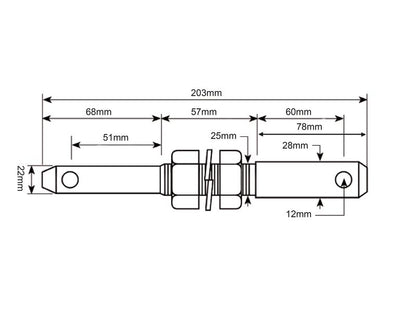 S.205 - Lower link implement pin dual 22 - 28x203mm, Thread size 7/8x57mm Cat. 1/2
